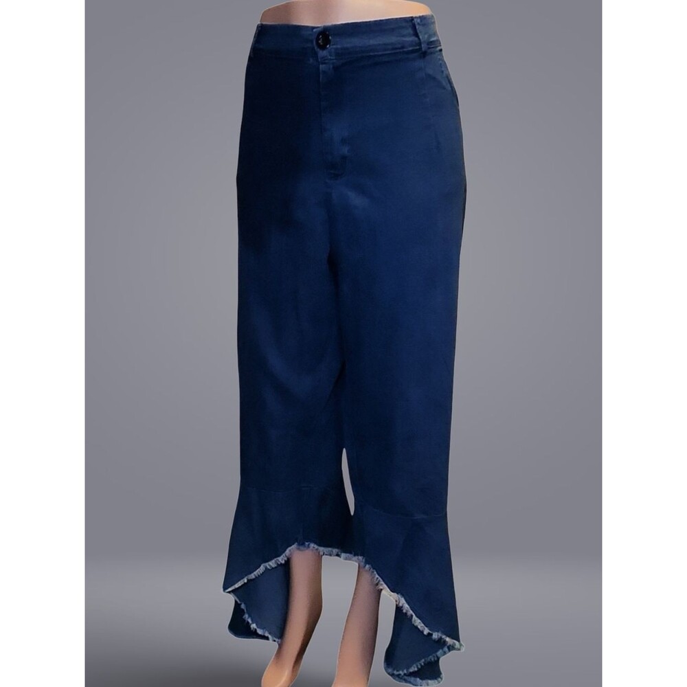 REBORN Indigo Flared Frayed Hem Pants Plus Women Button ElasticWaist Alternative